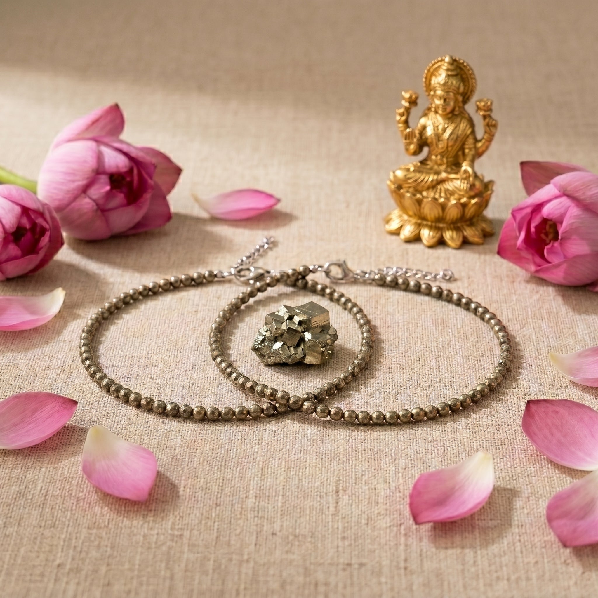 Maa Laxmi Raw Pyrite Anklet For Money And Growth - Set of 2 & Free Pyrite Cluster ✨