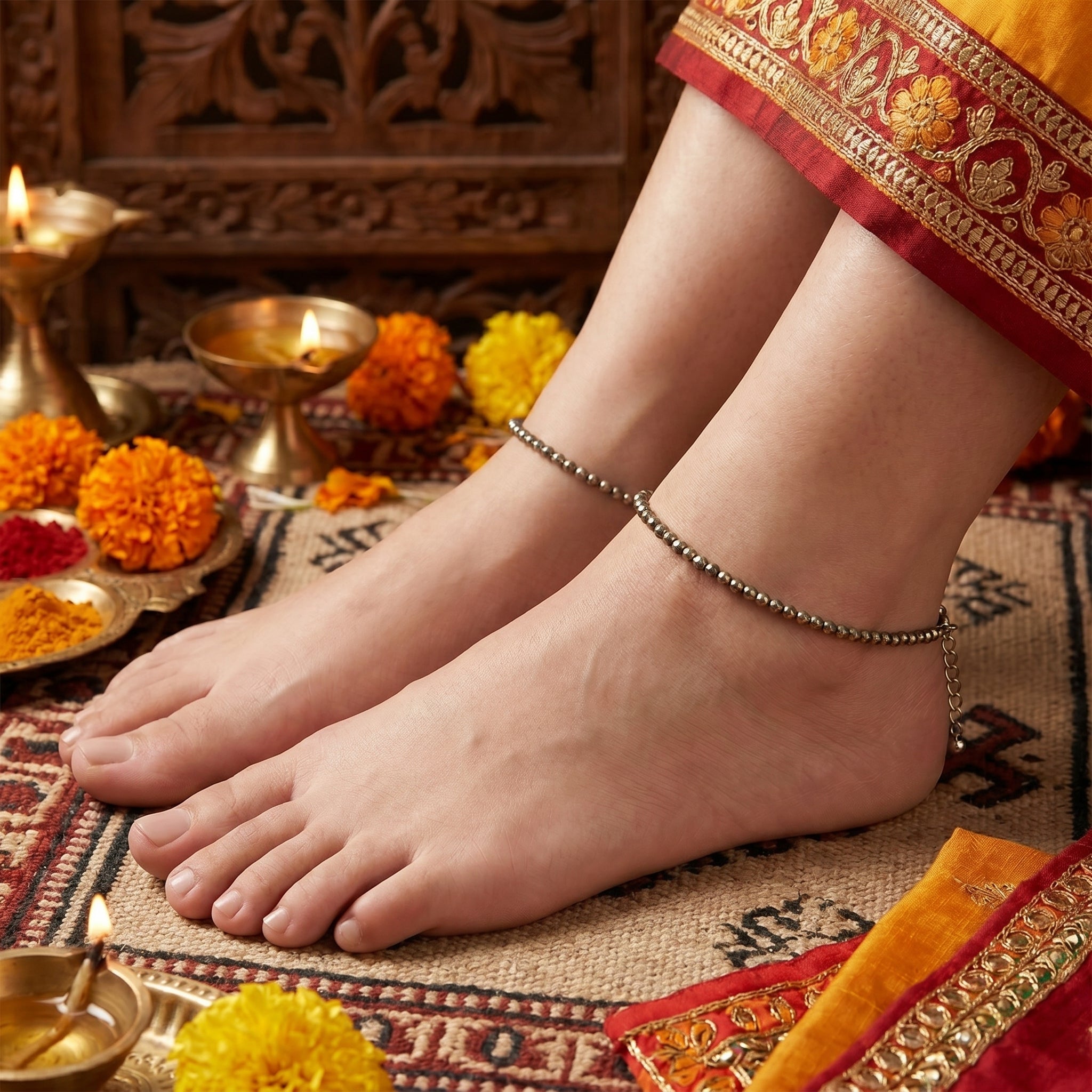 Maa Laxmi Raw Pyrite Anklet For Money And Growth - Set of 2 & Free Pyrite Cluster ✨
