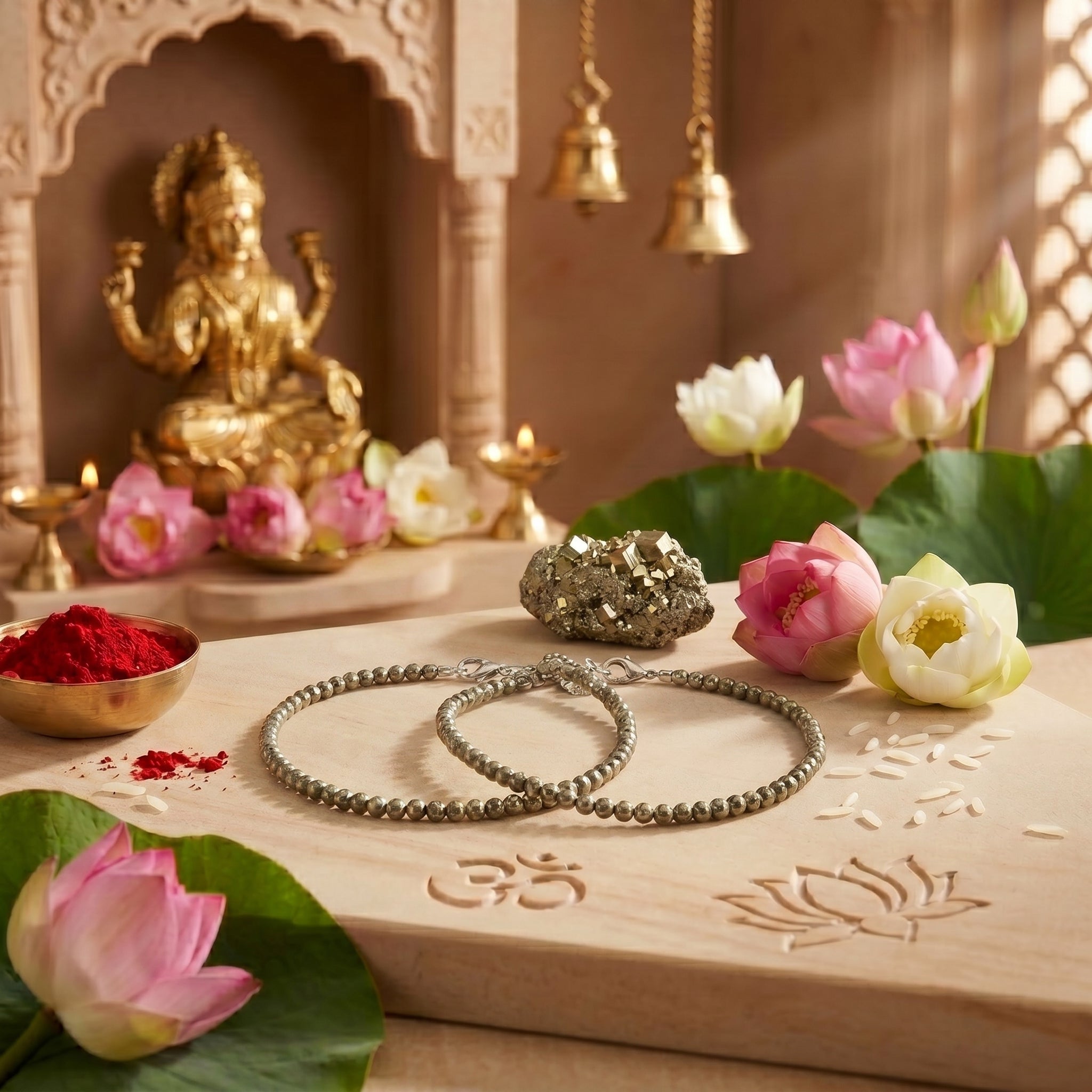 Maa Laxmi Raw Pyrite Anklet For Money And Growth - Set of 2 & Free Pyrite Cluster ✨